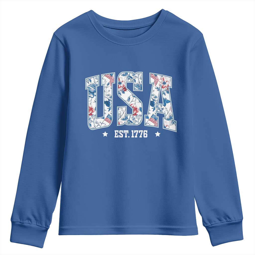 Floral USA Youth Sweatshirt Est 1776 Patriotic American Girl 4th of July TS10 Royal Blue Print Your Wear