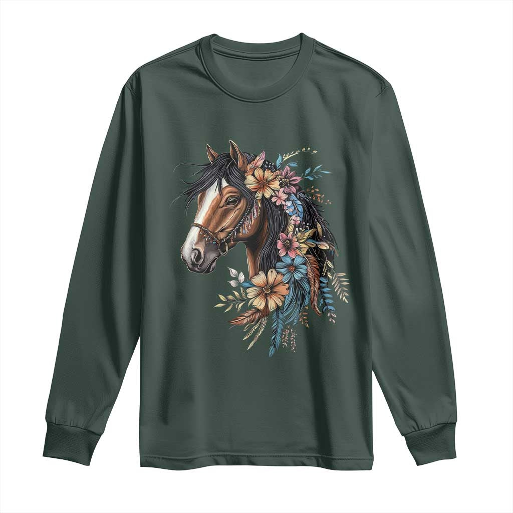Floral Wild Horse Country Horse Riding Long Sleeve Shirt TS11 Dark Forest Green Print Your Wear