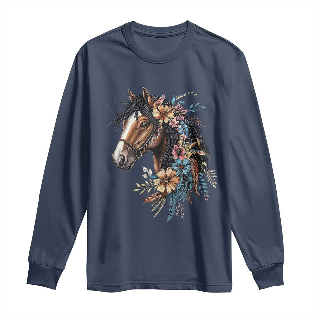 Floral Wild Horse Country Horse Riding Long Sleeve Shirt TS11 Navy Print Your Wear