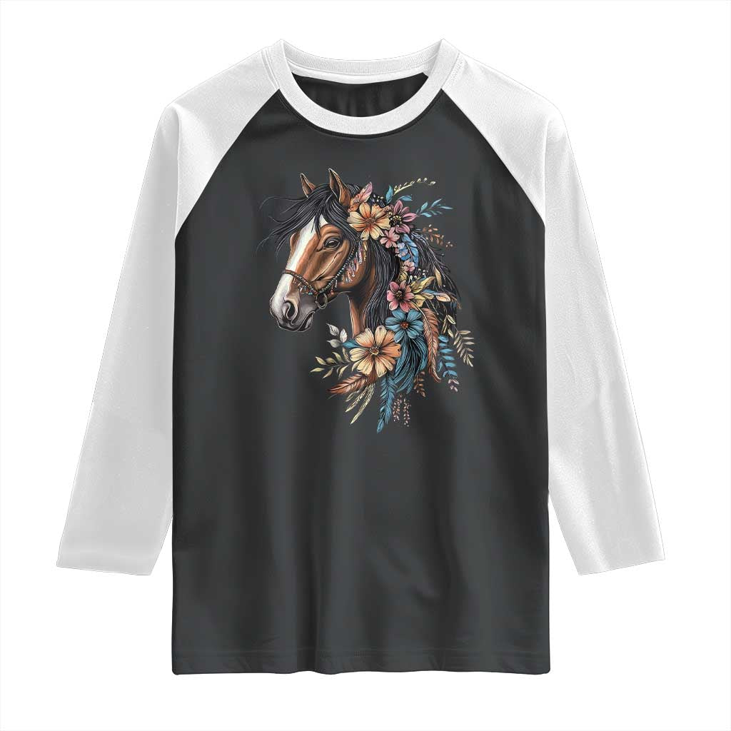 Floral Wild Horse Country Horse Riding Raglan Shirt TS11 Black White Print Your Wear