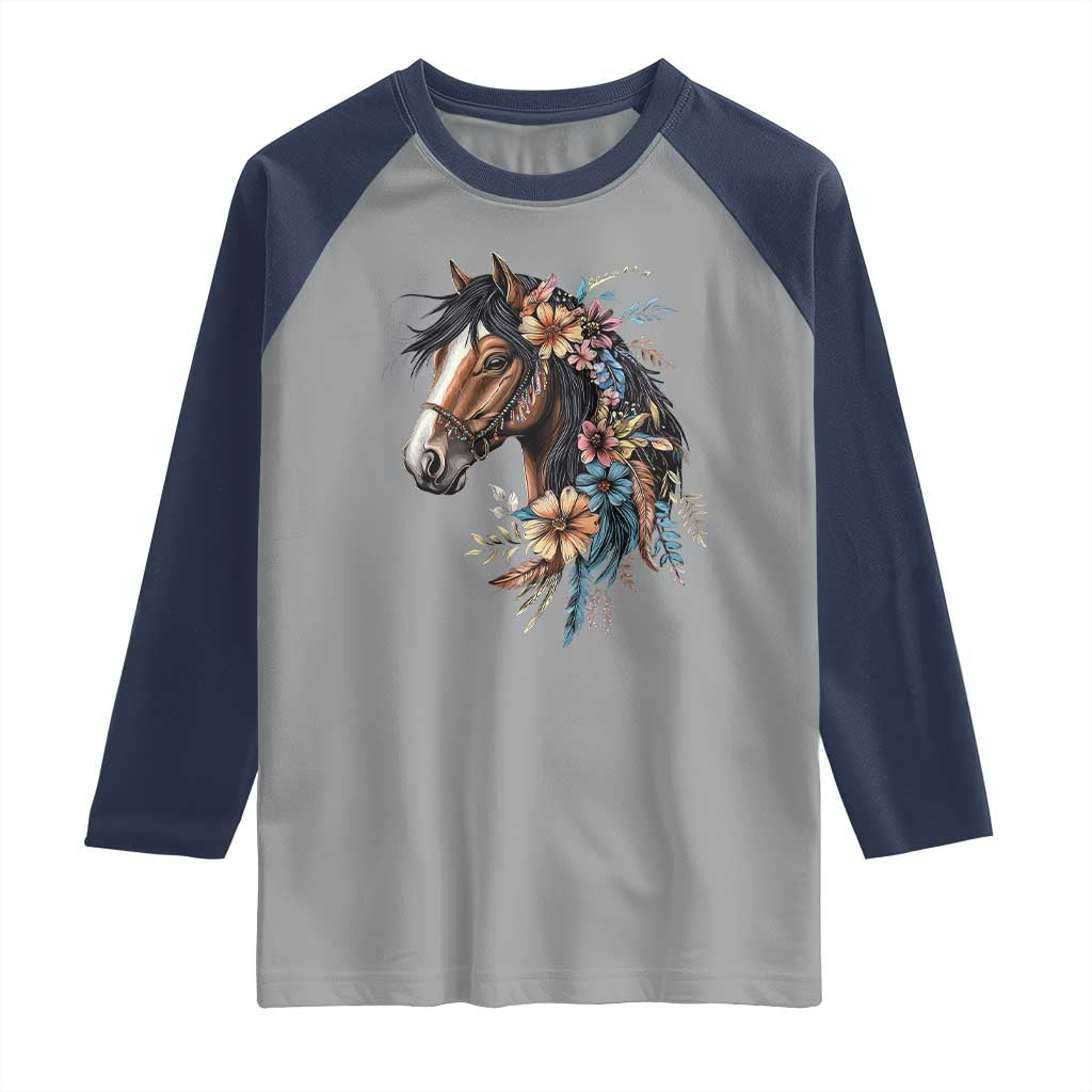 Floral Wild Horse Country Horse Riding Raglan Shirt TS11 Sport Gray Navy Print Your Wear