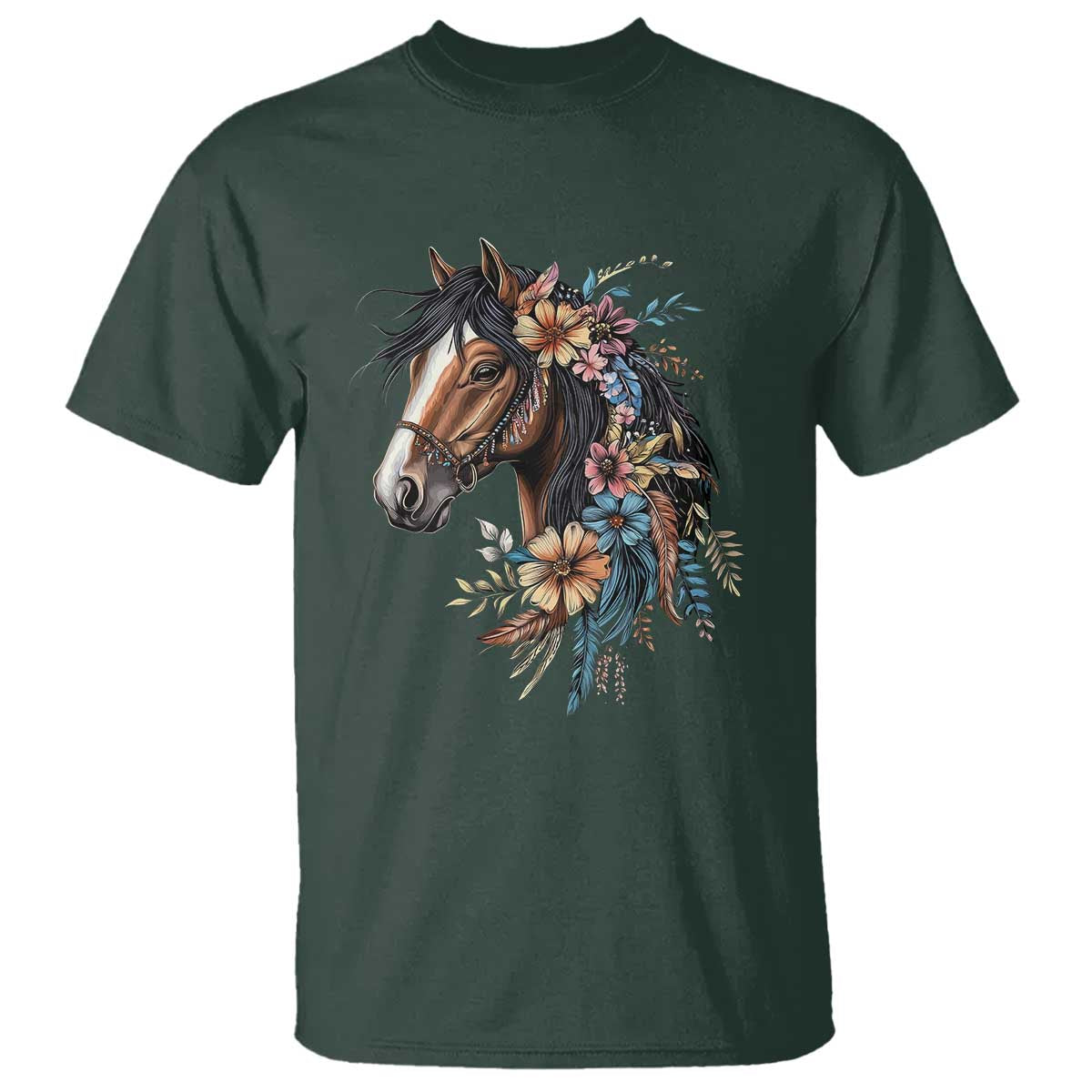 Floral Wild Horse Country Horse Riding T Shirt TS11 Dark Forest Green Print Your Wear