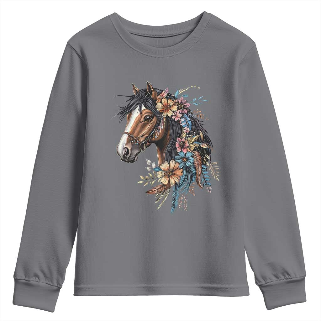 Floral Wild Horse Country Horse Riding Youth Sweatshirt TS11 Charcoal Print Your Wear