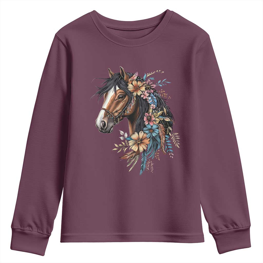 Floral Wild Horse Country Horse Riding Youth Sweatshirt TS11 Maroon Print Your Wear