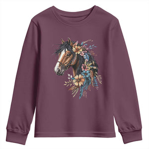 Floral Wild Horse Country Horse Riding Youth Sweatshirt TS11 Maroon Print Your Wear