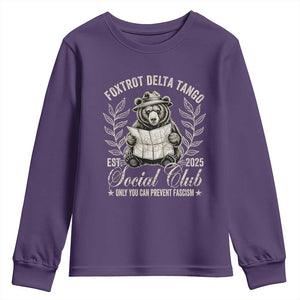 Foxtrot Delta Tango FDT Social Club Youth Sweatshirt Only You Can Prevent Fascism Retro Bear TS02 Purple Print Your Wear