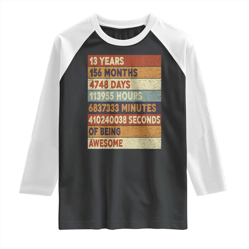 Funny 13th Birthday Raglan Shirt 13 Years 156 Months 4748 Days Vintage Retro TS11 Black White Print Your Wear