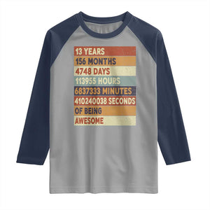 Funny 13th Birthday Raglan Shirt 13 Years 156 Months 4748 Days Vintage Retro TS11 Sport Gray Navy Print Your Wear
