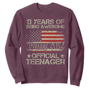 Funny 13th Birthday Sweatshirt Vintage 2012 Official Teenager 13 Years Of Being Awesome USA Flag TS11 Maroon Print Your Wear