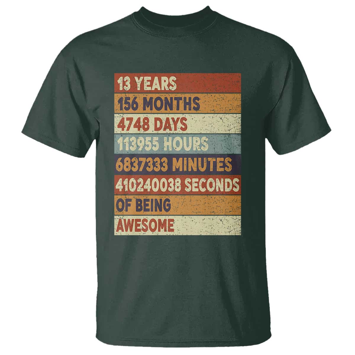 Funny 13th Birthday T Shirt 13 Years 156 Months 4748 Days Vintage Retro TS11 Dark Forest Green Print Your Wear