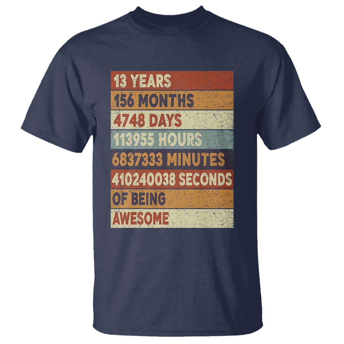 Funny 13th Birthday T Shirt 13 Years 156 Months 4748 Days Vintage Retro TS11 Navy Print Your Wear