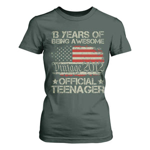 Funny 13th Birthday T Shirt For Women Vintage 2012 Official Teenager 13 Years Of Being Awesome USA Flag TS11 Dark Forest Green Print Your Wear