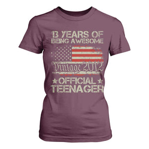 Funny 13th Birthday T Shirt For Women Vintage 2012 Official Teenager 13 Years Of Being Awesome USA Flag TS11 Maroon Print Your Wear