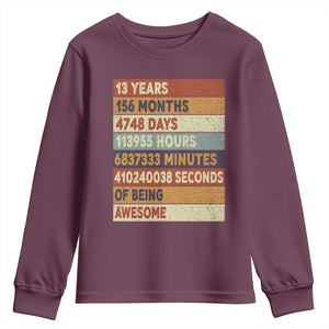 Funny 13th Birthday Youth Sweatshirt 13 Years 156 Months 4748 Days Vintage Retro TS11 Maroon Print Your Wear