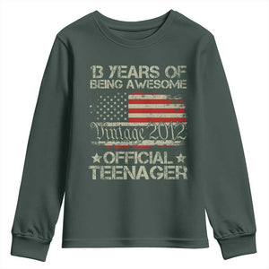 Funny 13th Birthday Youth Sweatshirt Vintage 2012 Official Teenager 13 Years Of Being Awesome USA Flag TS11 Dark Forest Green Print Your Wear