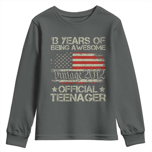 Funny 13th Birthday Youth Sweatshirt Vintage 2012 Official Teenager 13 Years Of Being Awesome USA Flag TS11 Dark Heather Print Your Wear