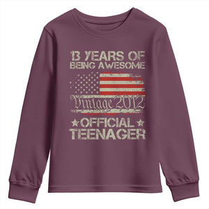 Funny 13th Birthday Youth Sweatshirt Vintage 2012 Official Teenager 13 Years Of Being Awesome USA Flag TS11 Maroon Print Your Wear