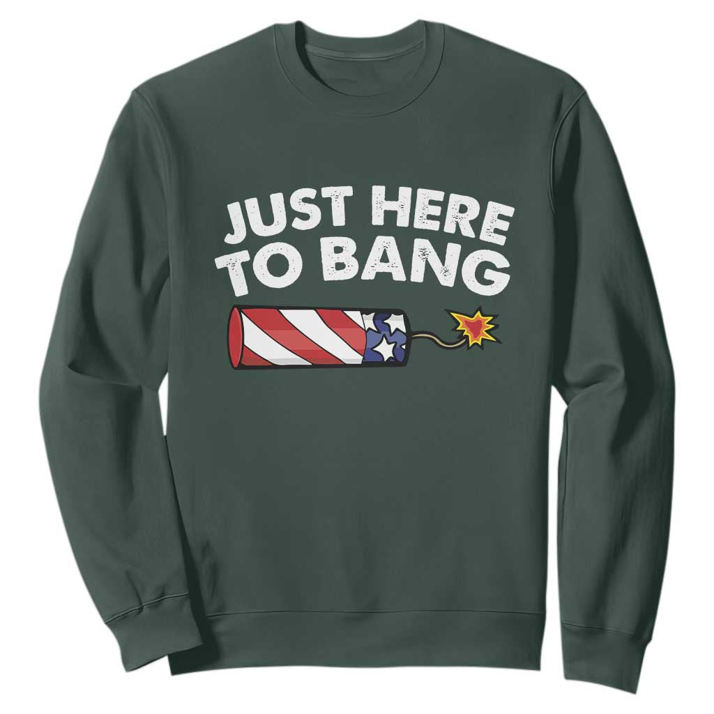 Funny 4th July Just Here To Bang Sweatshirt USA Fireworks American Flag TS10 Dark Forest Green Print Your Wear