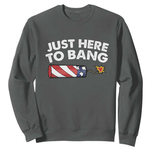 Funny 4th July Just Here To Bang Sweatshirt USA Fireworks American Flag TS10 Dark Heather Print Your Wear