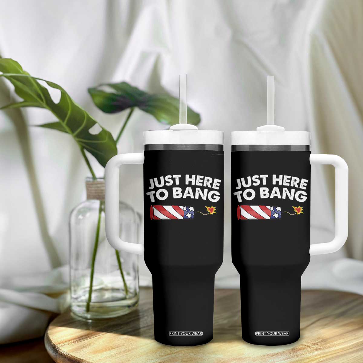 Funny 4th July Just Here To Bang Tumbler With Handle USA Fireworks American Flag TS10 Print Your Wear