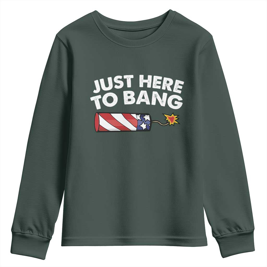 Funny 4th July Just Here To Bang Youth Sweatshirt USA Fireworks American Flag TS10 Dark Forest Green Print Your Wear
