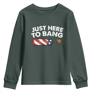 Funny 4th July Just Here To Bang Youth Sweatshirt USA Fireworks American Flag TS10 Dark Forest Green Print Your Wear