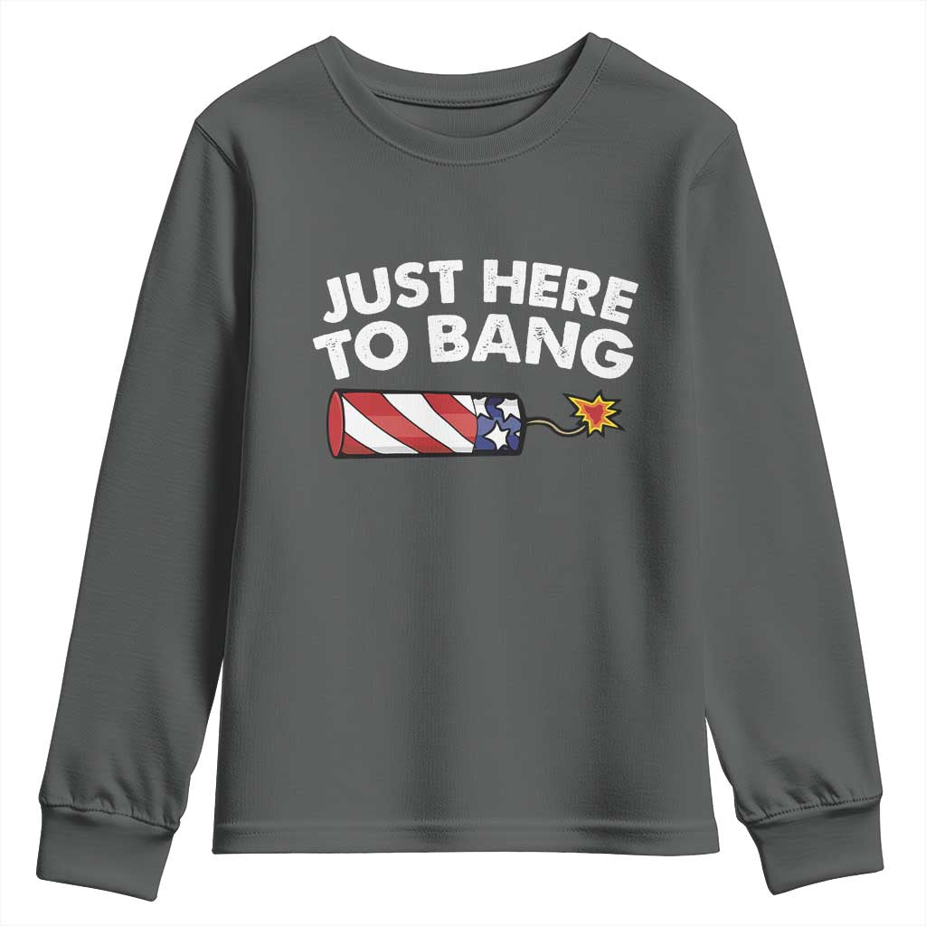 Funny 4th July Just Here To Bang Youth Sweatshirt USA Fireworks American Flag TS10 Dark Heather Print Your Wear