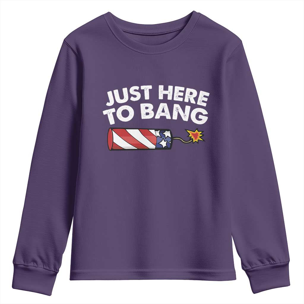 Funny 4th July Just Here To Bang Youth Sweatshirt USA Fireworks American Flag TS10 Purple Print Your Wear