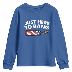 Funny 4th July Just Here To Bang Youth Sweatshirt USA Fireworks American Flag TS10 Royal Blue Print Your Wear