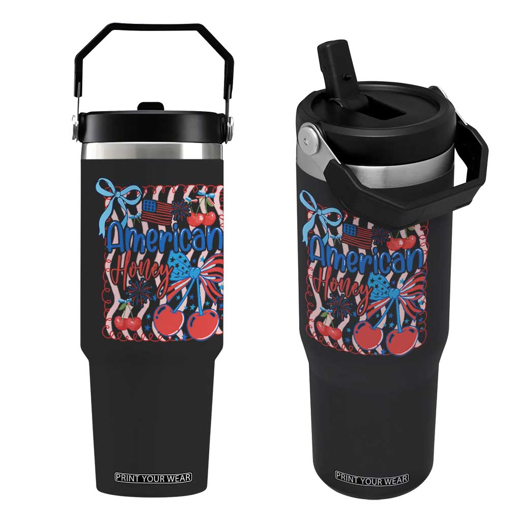 Funny 4th Of July American Honey Flip Straw Tumbler USA Independence Day Coquette TS11 One Size: 30 oz Black Print Your Wear