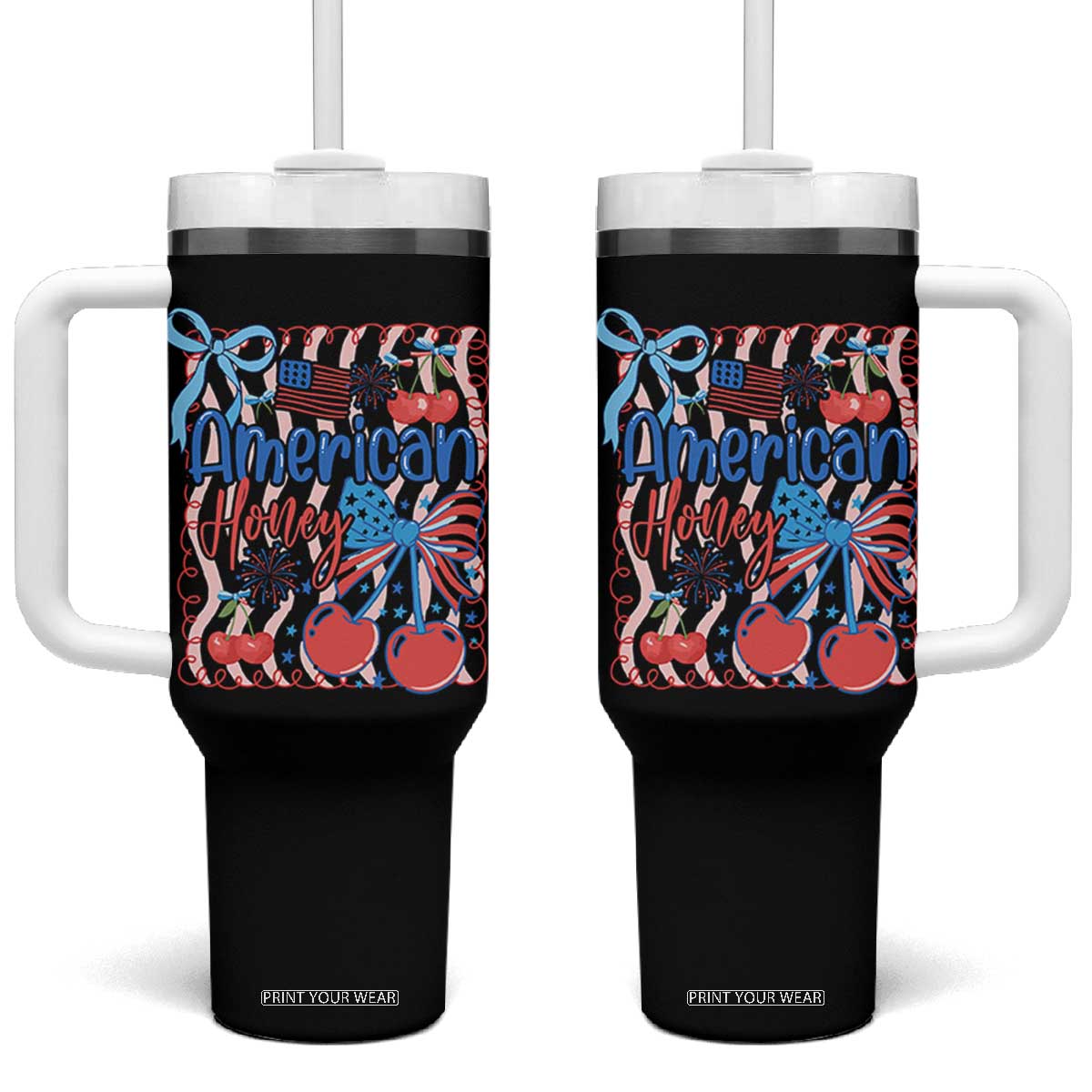 Funny 4th Of July American Honey Tumbler With Handle USA Independence Day Coquette TS11 One Size: 40 oz Black Print Your Wear