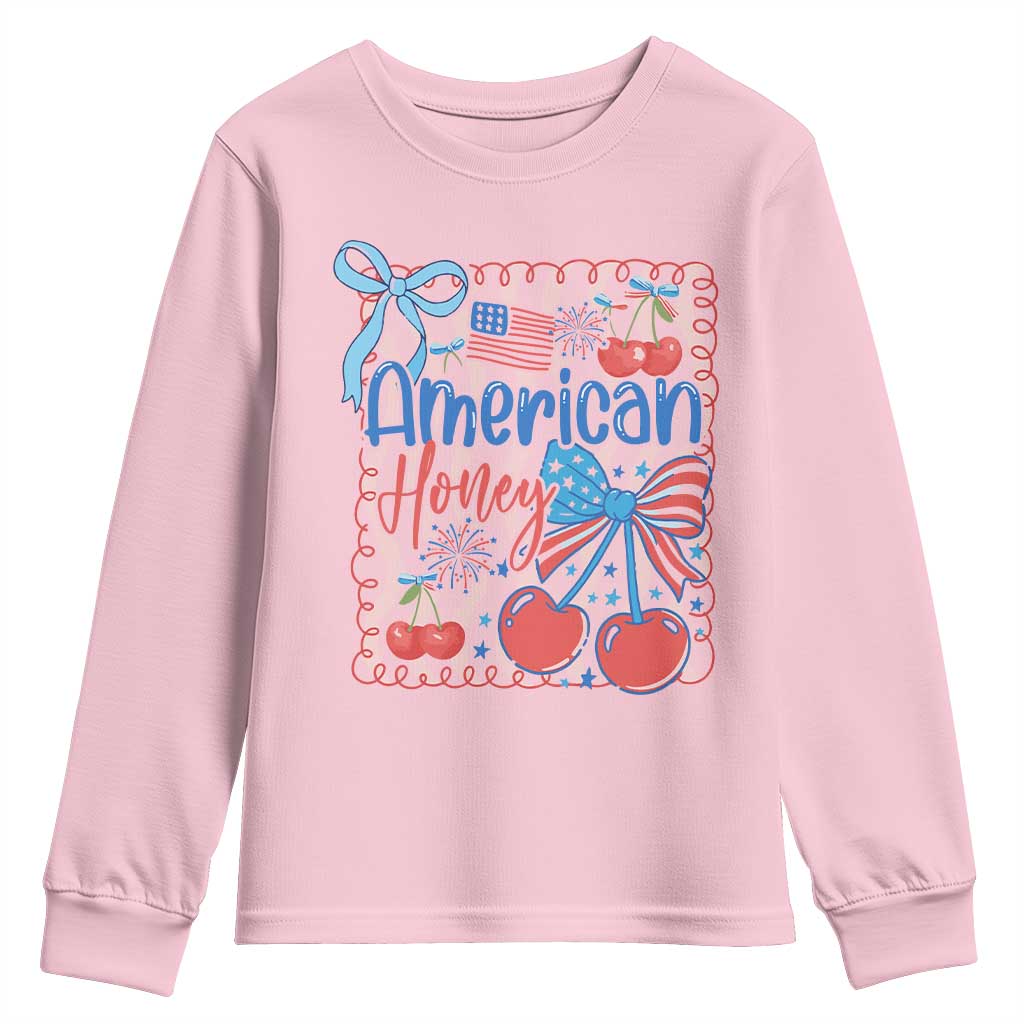 Funny 4th Of July American Honey Youth Sweatshirt USA Independence Day Coquette TS11 Light Pink Print Your Wear