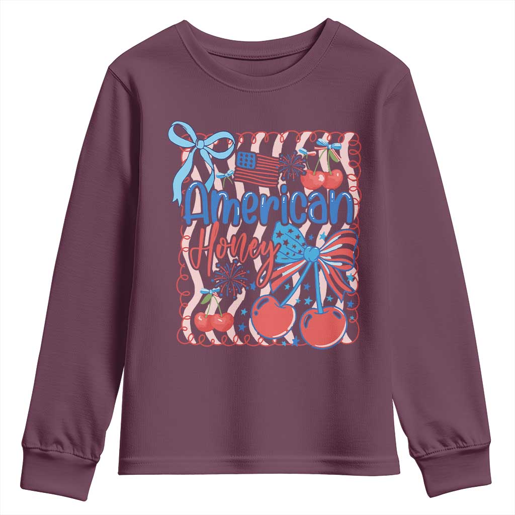 Funny 4th Of July American Honey Youth Sweatshirt USA Independence Day Coquette TS11 Maroon Print Your Wear