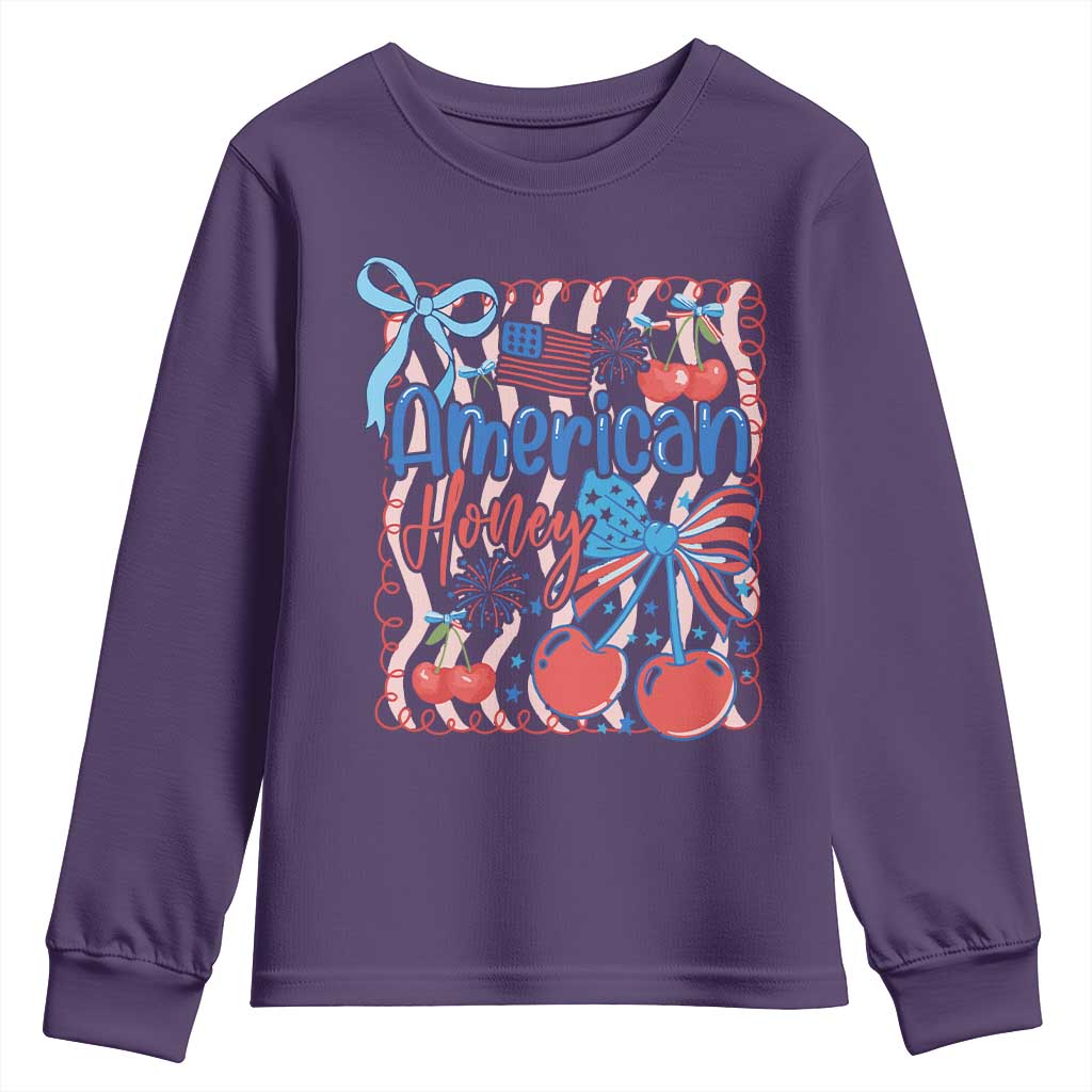 Funny 4th Of July American Honey Youth Sweatshirt USA Independence Day Coquette TS11 Purple Print Your Wear