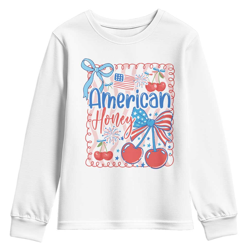 Funny 4th Of July American Honey Youth Sweatshirt USA Independence Day Coquette TS11 White Print Your Wear