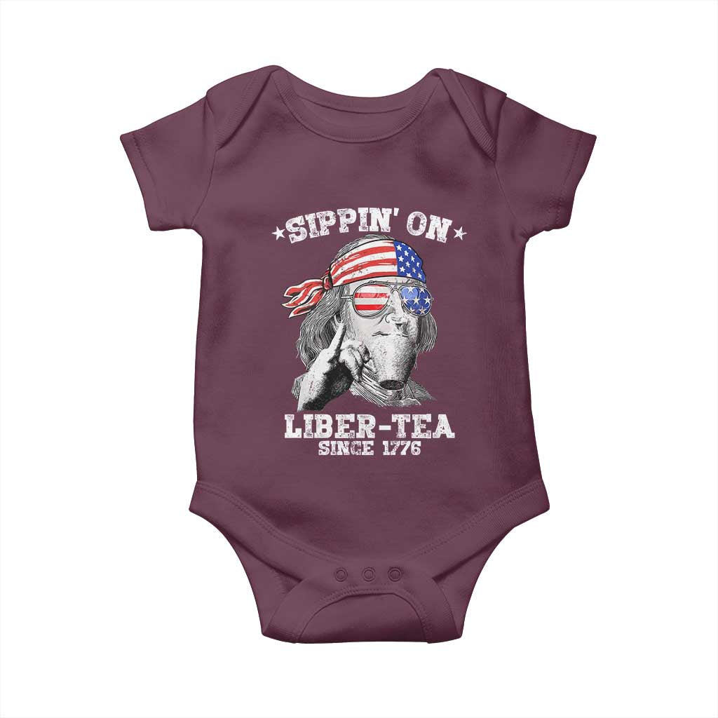 Funny 4th Of July Baby Onesie Sippin On Liber Tea Liberty Ben Franklin 1776 USA Flag TS10 Maroon Print Your Wear