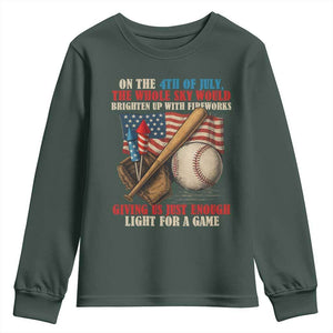 Funny 4th Of July Baseball Youth Sweatshirt The Whole Sky Would Brighten Up With Fireworks Giving Us Light For A Game TS11 Dark Forest Green Print Your Wear