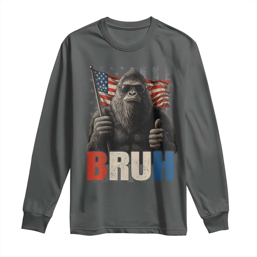 Funny 4th Of July Bigfoot Bruh Long Sleeve Shirt Patriotic Sasquatch American US Flag TS11 Dark Heather Print Your Wear