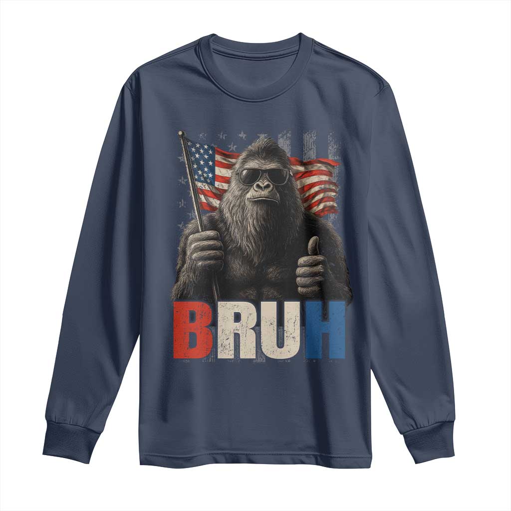 Funny 4th Of July Bigfoot Bruh Long Sleeve Shirt Patriotic Sasquatch American US Flag TS11 Navy Print Your Wear