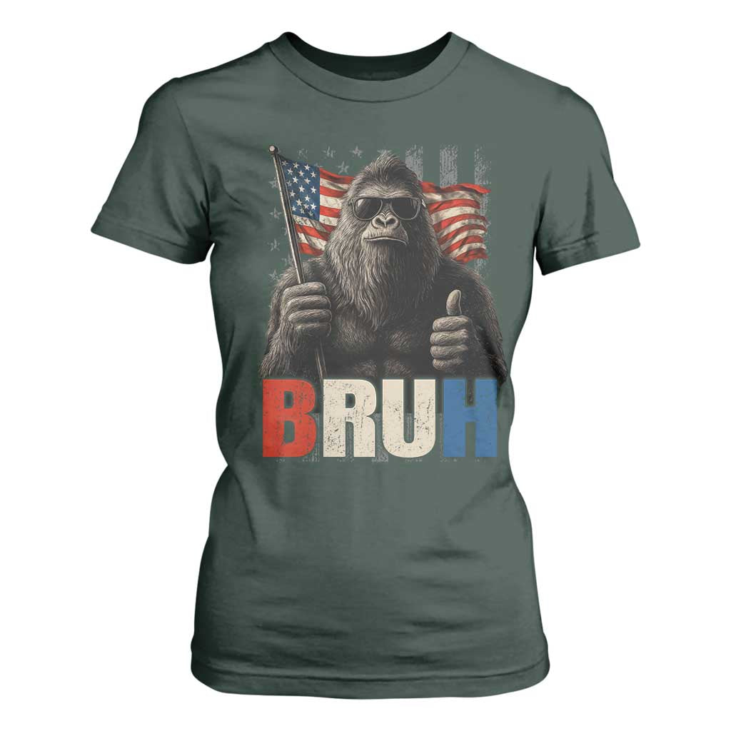 Funny 4th Of July Bigfoot Bruh T Shirt For Women Patriotic Sasquatch American US Flag TS11 Dark Forest Green Print Your Wear