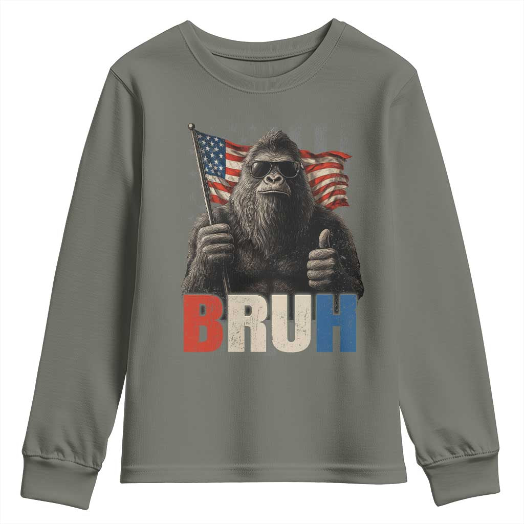 Funny 4th Of July Bigfoot Bruh Youth Sweatshirt Patriotic Sasquatch American US Flag TS11 Military Green Print Your Wear