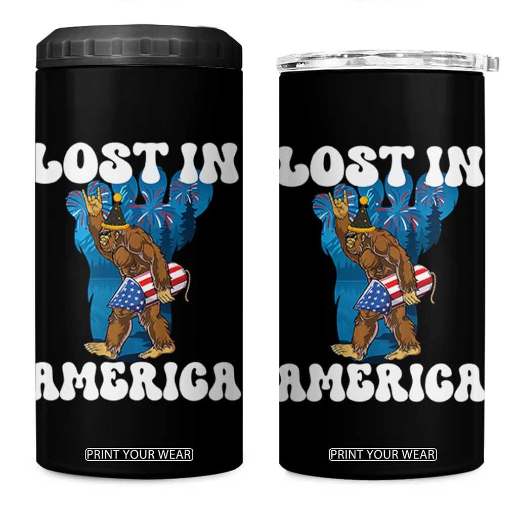 Funny 4th Of July Bigfoot Lost In America 4 in 1 Can Cooler Tumbler Patriotic Sasquatch Rocket Footprint Fireworks TS11 One Size: 16 oz Black Print Your Wear