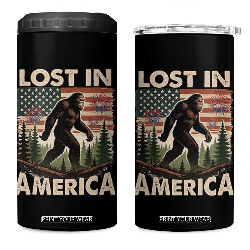 Funny 4th Of July Bigfoot Lost In America 4 in 1 Can Cooler Tumbler Patriotic Sasquatch US Flag Fireworks TS11 One Size: 16 oz Black Print Your Wear