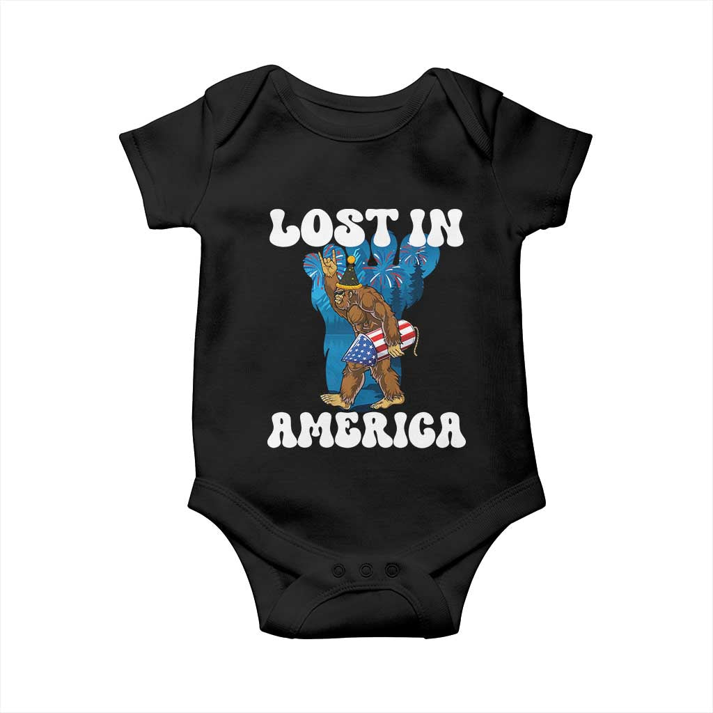 Funny 4th Of July Bigfoot Lost In America Baby Onesie Patriotic Sasquatch Rocket Footprint Fireworks TS11 Black Print Your Wear