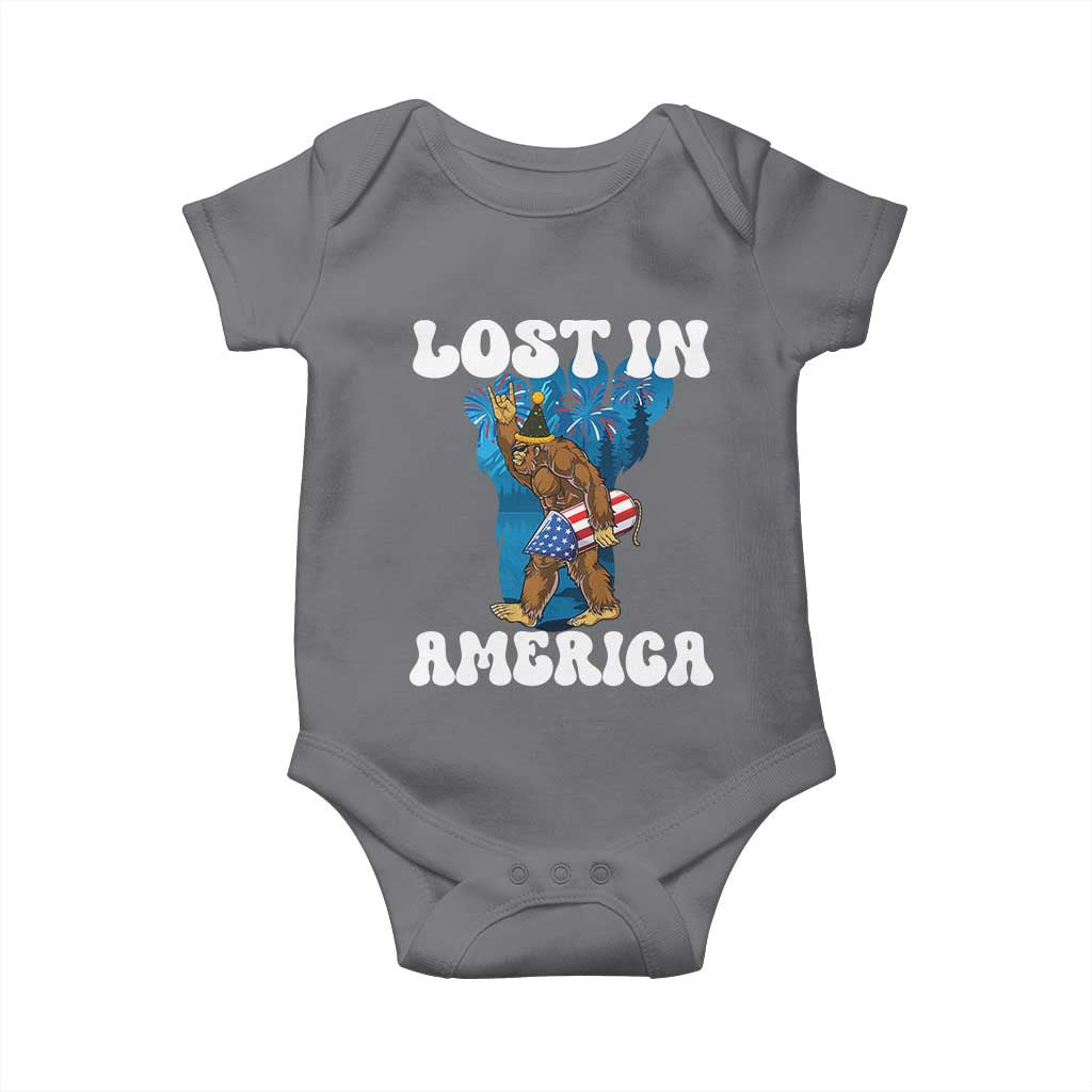 Funny 4th Of July Bigfoot Lost In America Baby Onesie Patriotic Sasquatch Rocket Footprint Fireworks TS11 Charcoal Print Your Wear