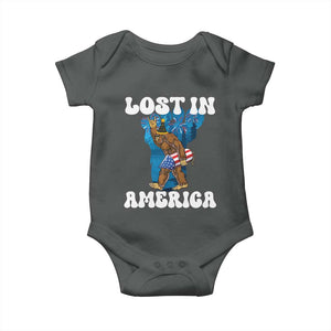 Funny 4th Of July Bigfoot Lost In America Baby Onesie Patriotic Sasquatch Rocket Footprint Fireworks TS11 Dark Heather Print Your Wear