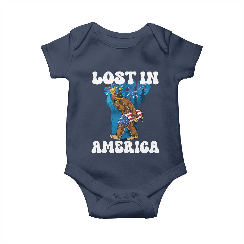 Funny 4th Of July Bigfoot Lost In America Baby Onesie Patriotic Sasquatch Rocket Footprint Fireworks TS11 Navy Print Your Wear