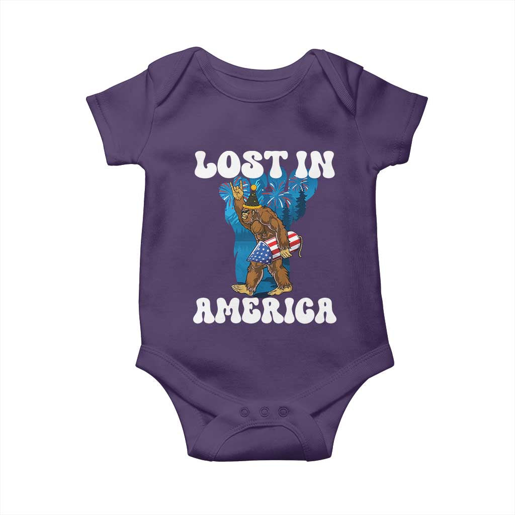 Funny 4th Of July Bigfoot Lost In America Baby Onesie Patriotic Sasquatch Rocket Footprint Fireworks TS11 Purple Print Your Wear