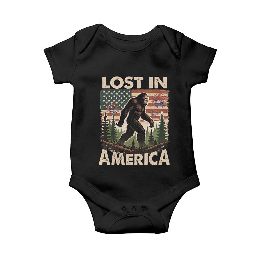 Funny 4th Of July Bigfoot Lost In America Baby Onesie Patriotic Sasquatch US Flag Fireworks TS11 Black Print Your Wear