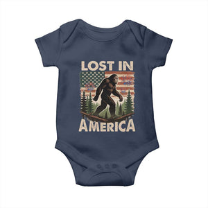 Funny 4th Of July Bigfoot Lost In America Baby Onesie Patriotic Sasquatch US Flag Fireworks TS11 Navy Print Your Wear
